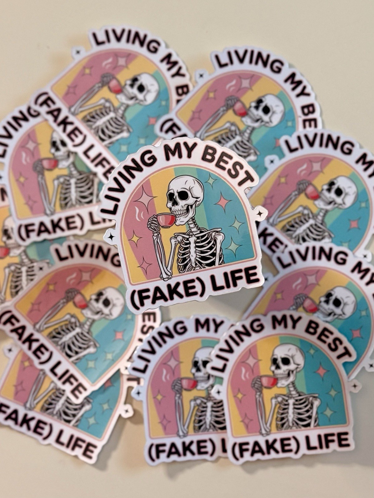 Living My Best (Fake) Life Skeleton Sticker – Funny Aesthetic Vinyl Decal