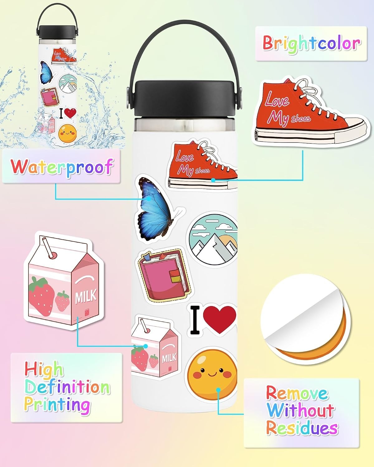 100 Pcs Kids Waterproof Vinyl Stickers Girls Teens School Supplies Party Favors