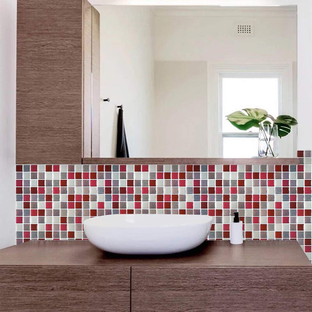 3D Mosaic Tile Sticker Removable Wallpaper Tile Red, 3D Adhesive Wall Tiles B…