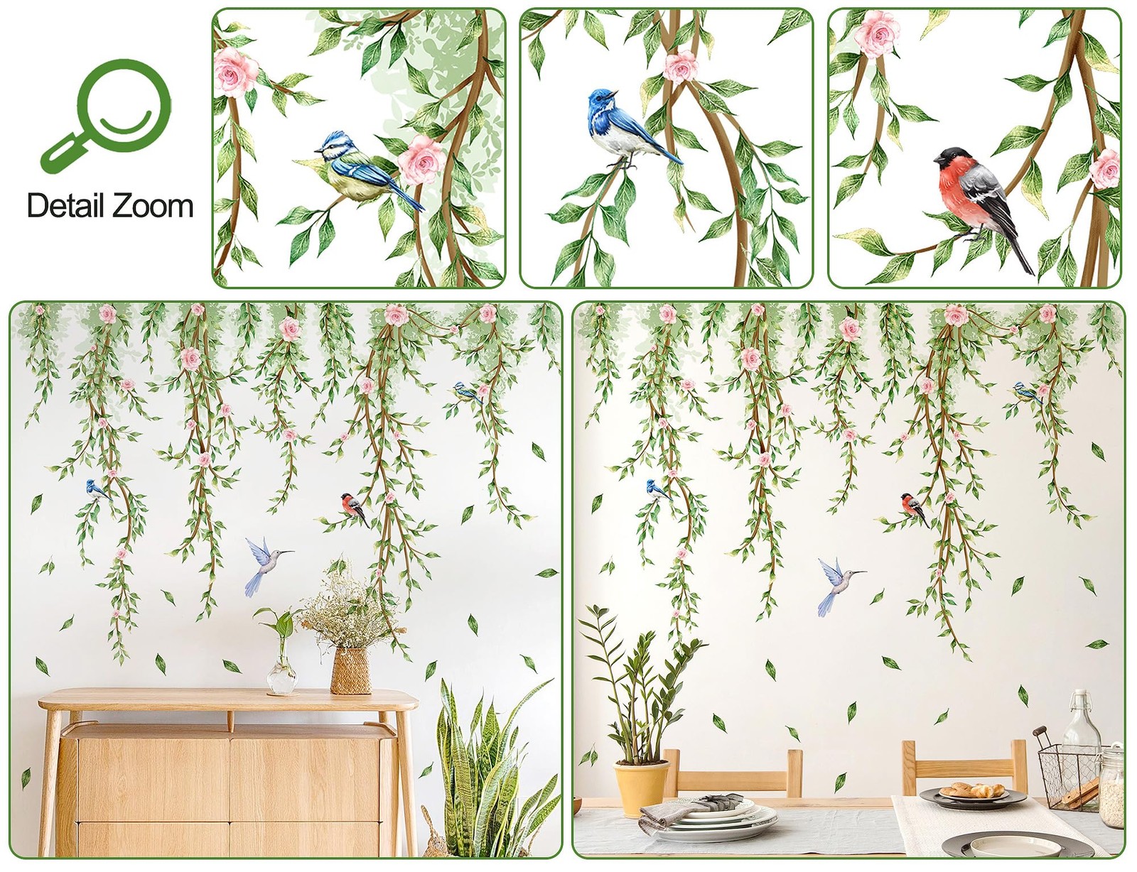 Hanging Vine Wall Decals Removable Birds Green Leaf Wall Stickers Peel and St…