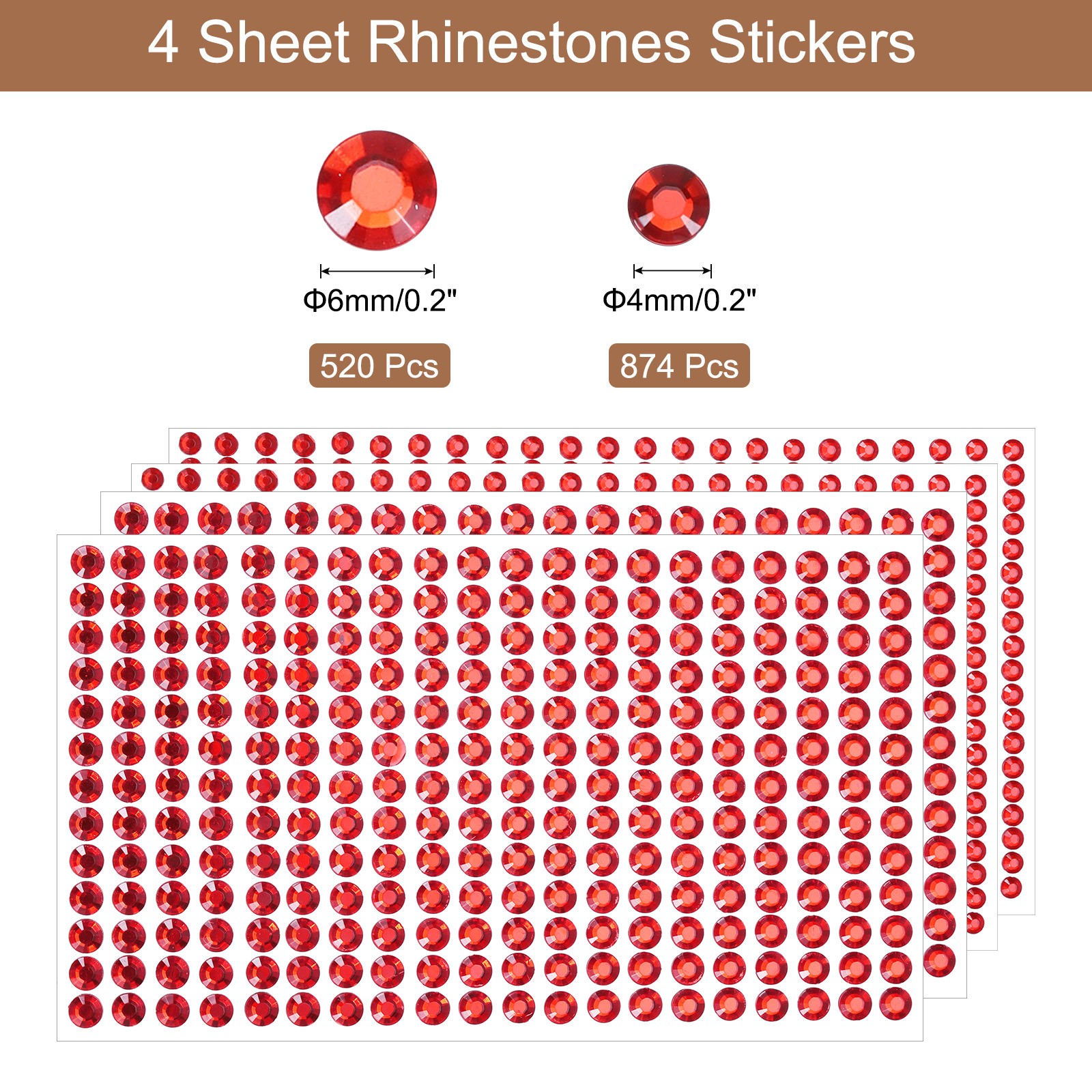 1394Pcs 4mm/6mm Self-Adhesive Rhinestone Stickers for Craft 4 Sheet Red