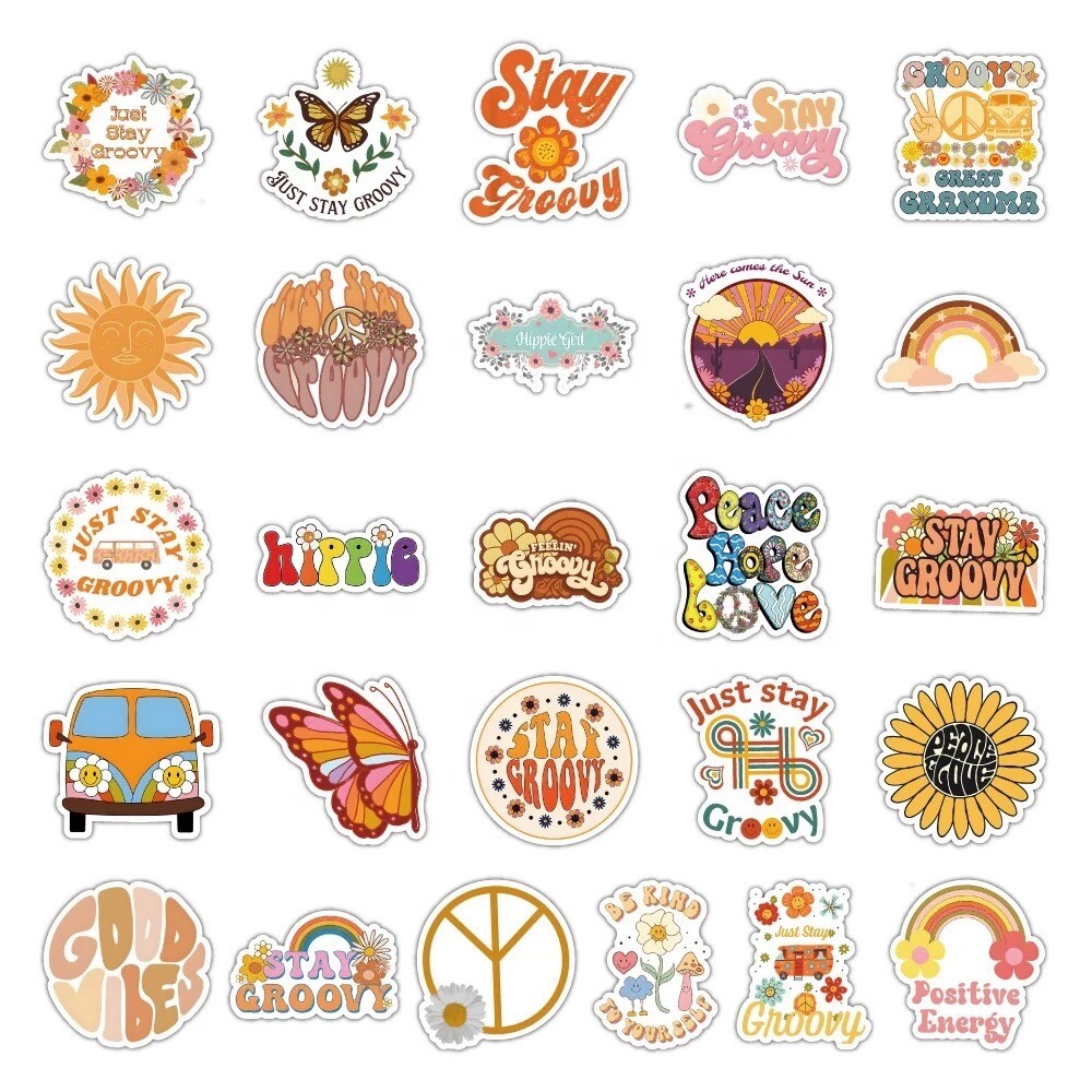 50 PCS Retro Hippie Life Stickers Groovy Peace Love Decals Laptop Hydro Set A