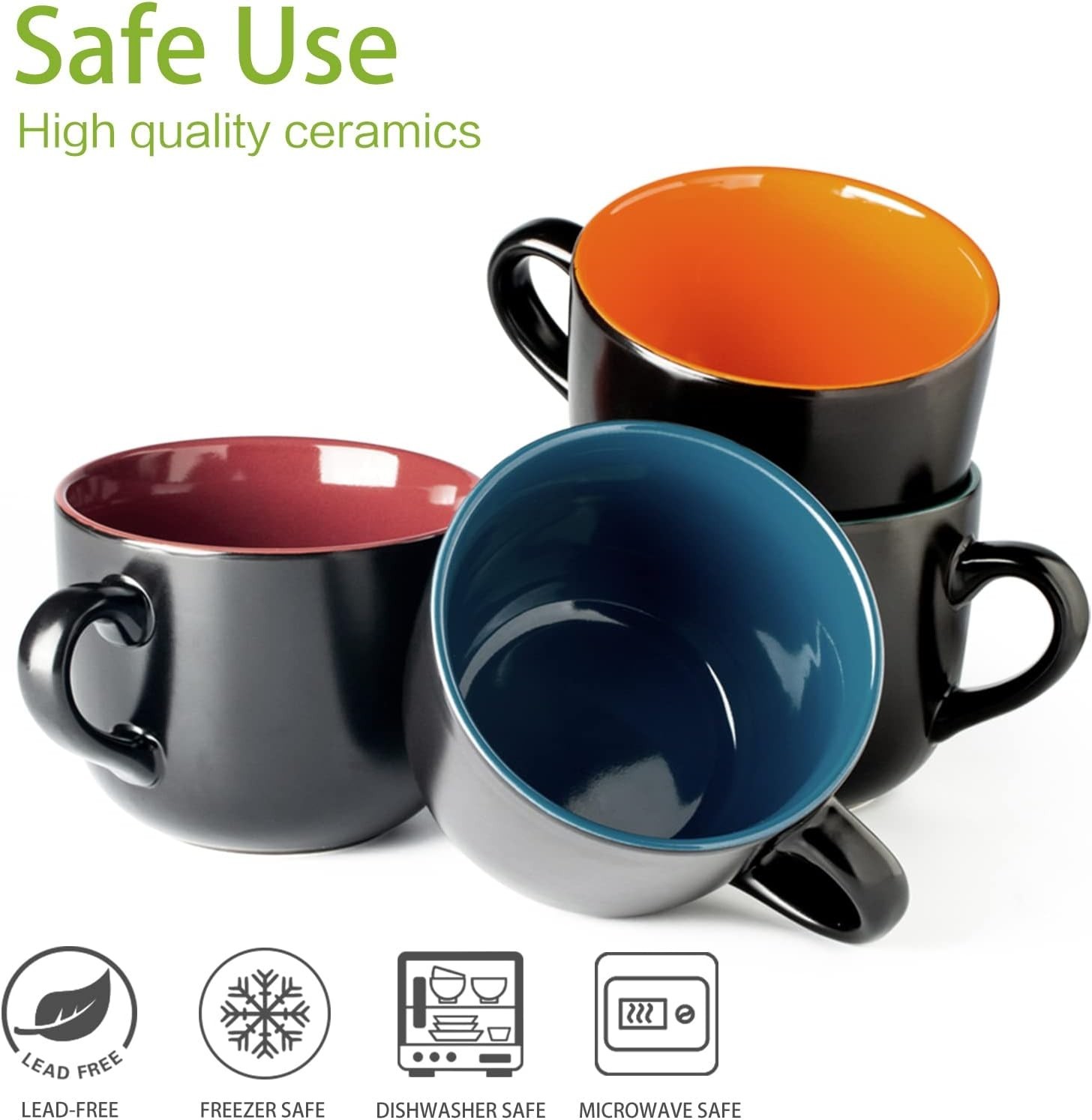 Jumbo Soup Mugs with Handles, 24 Oz Large Coffee Mugs Set of 4, Ceramic Soup bow