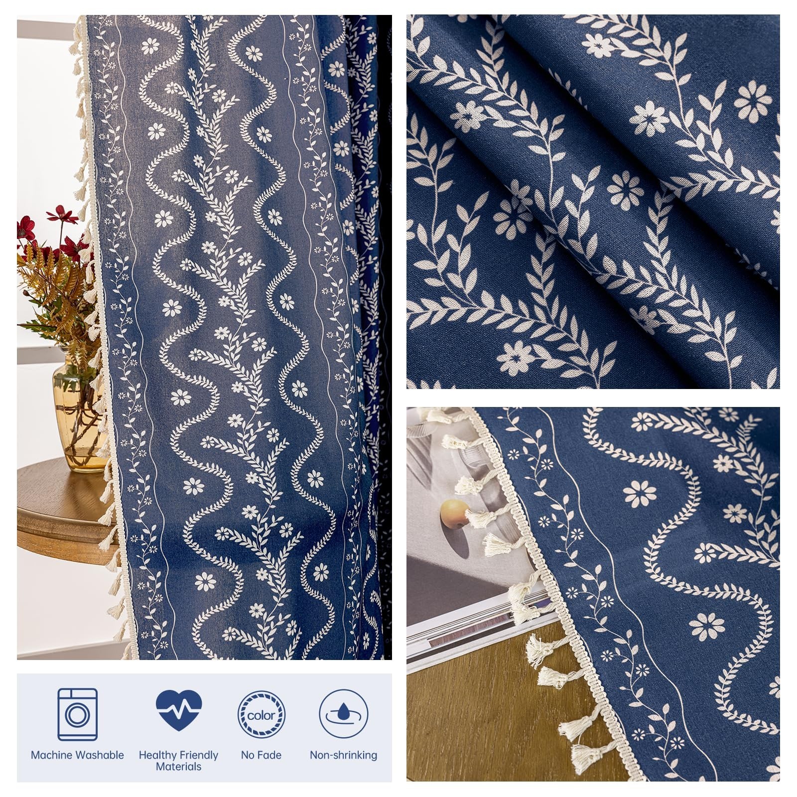 Navy Blue Boho Curtains 84 Inch Long for Living Room, Bedroom, 2 Panels Flora…