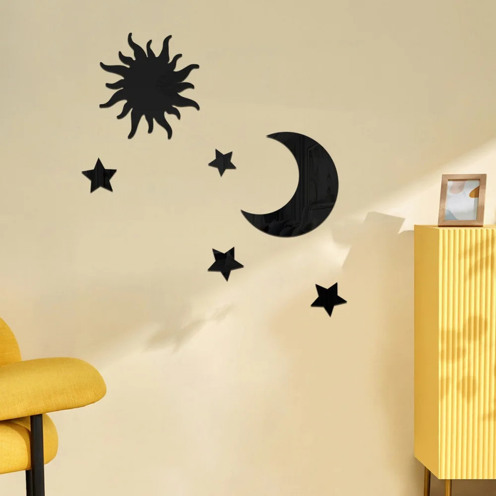 Star Moon Combination Mirror Stickers 6PCS Acrylic Stereo Self Adhesive Wall Art