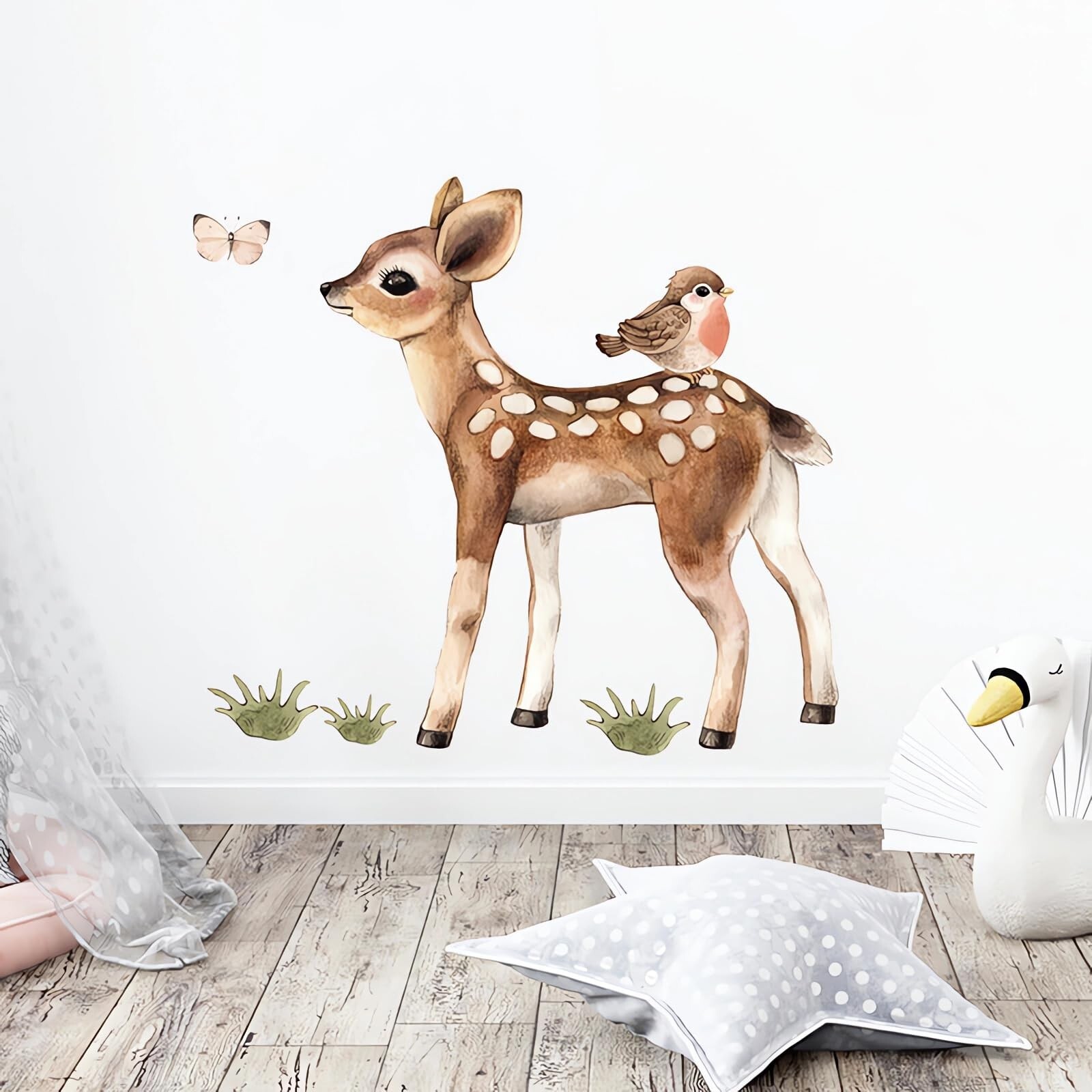 Cute Fawn and Bird Butterfly Deer Wall Stickers, sacinora Cartoon Jungle Anim…
