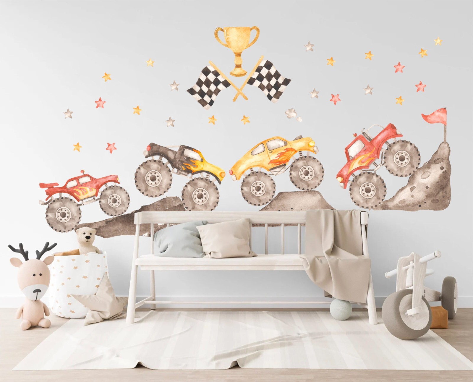 Watercolor Monster Trucks Desert Buggy Removable Nursery Wall Decal Sticker