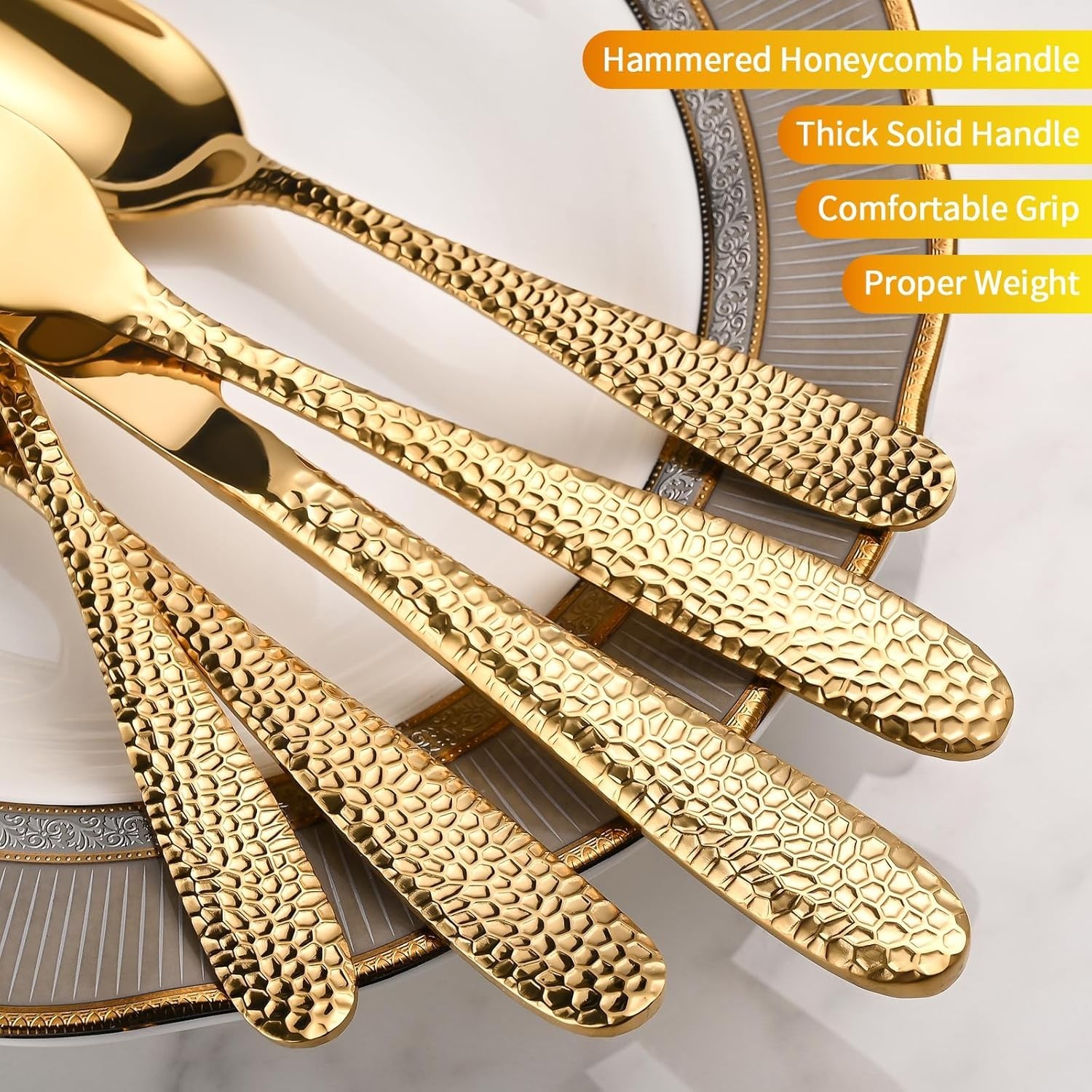 Gold Hammered Silverware Set, 20-Piece Heavy Duty Stainless Steel Flatware Sets