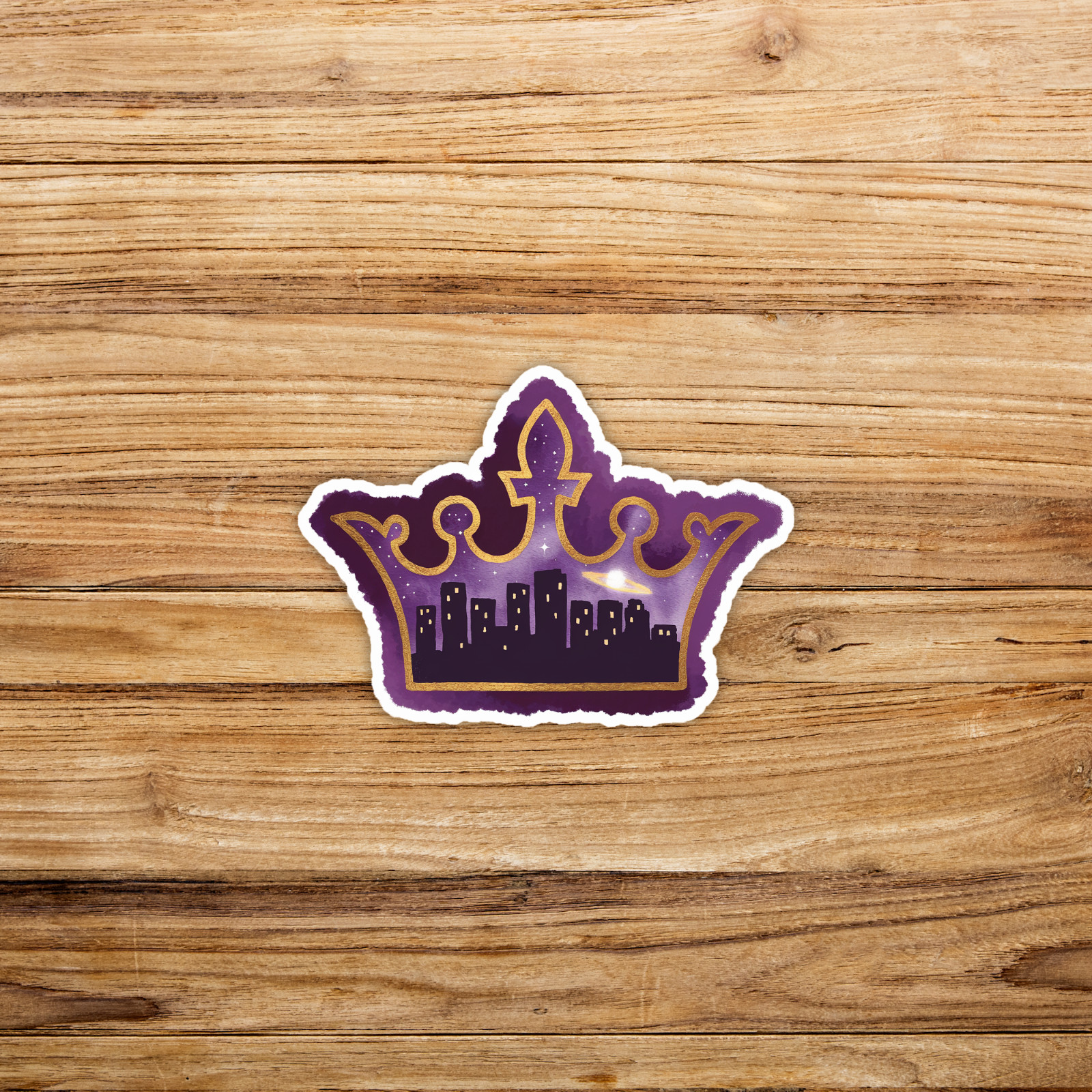 Magical Skyline Crown Sticker – Whimsical Purple Gold City Silhouette Decal #137