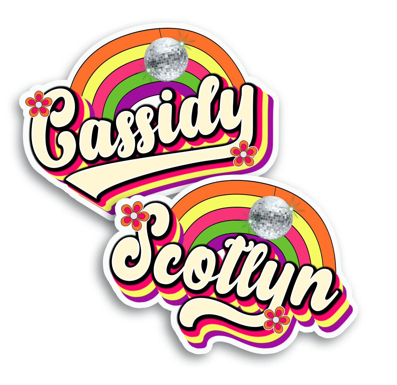 Custom Name Sticker, Personalized Decal, Retro Hippie, Groovy Rainbow Disco Ball
