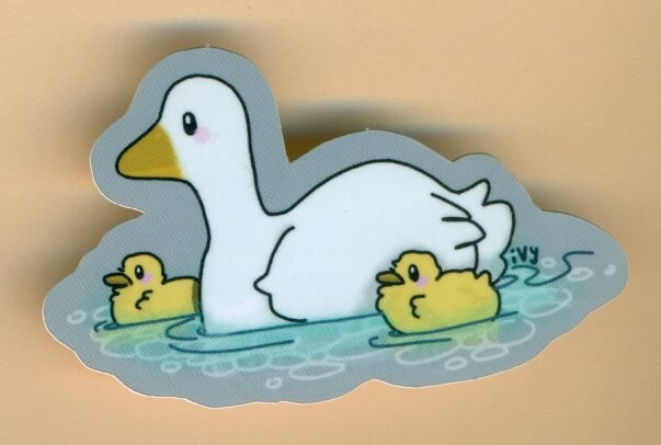 Mother Duck & Two Duckling Original FroggyPond Artwork Sticker 2 5/8" long