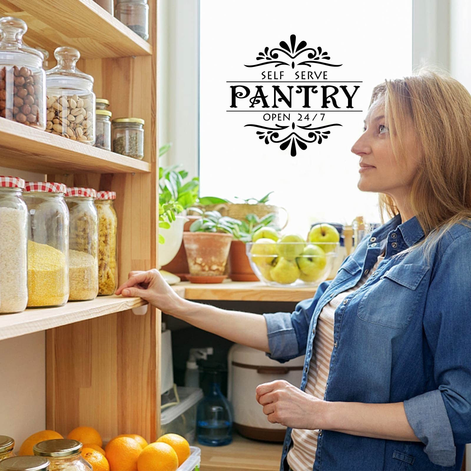 Pantry Theme Wall Stickers Self Serve Open 24/7 Wall Decor Vintage Flower Tex…