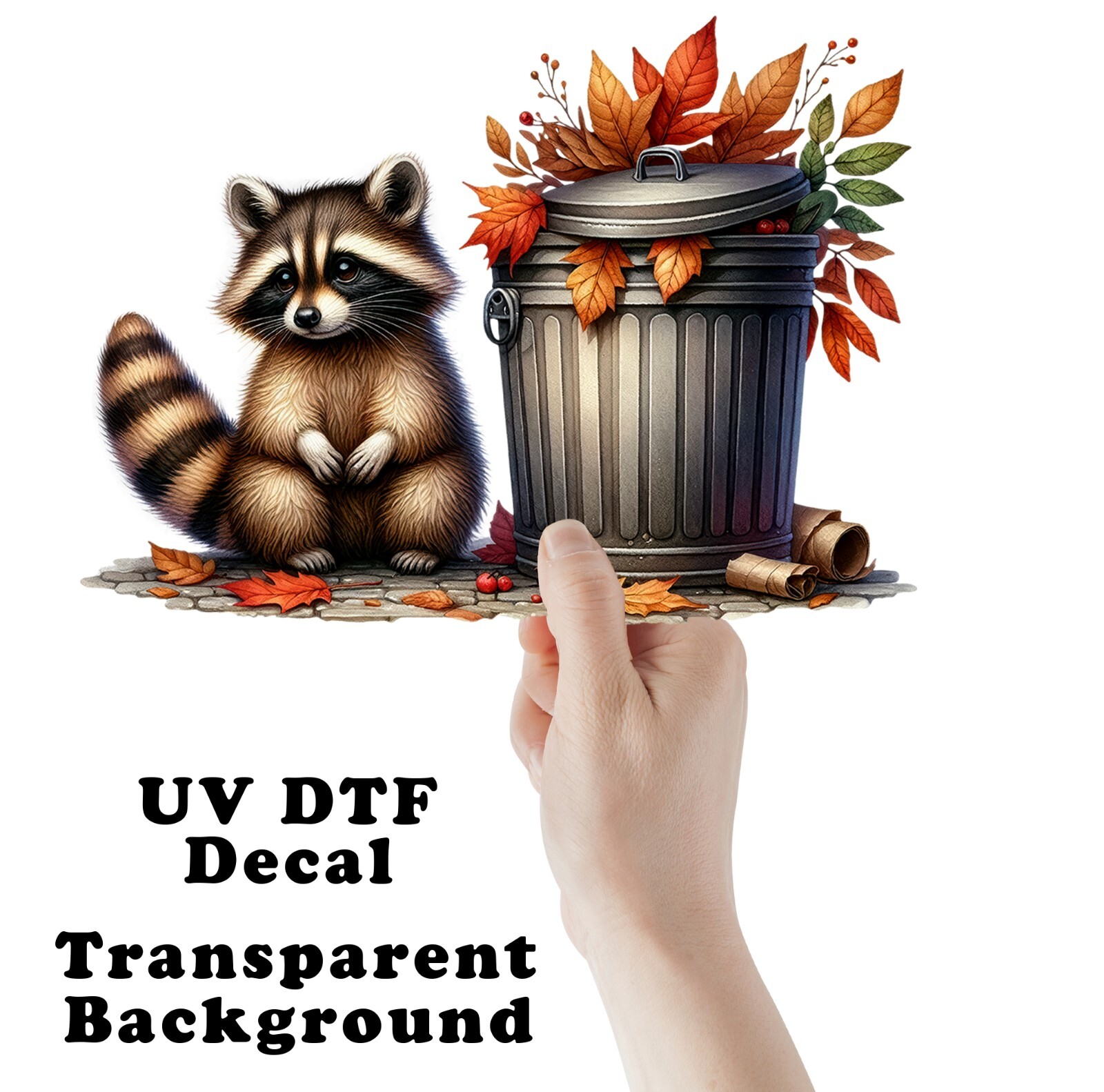 Fall Leaves Raccoon and Trash Can UV DTF Transparent Sticker / Decal