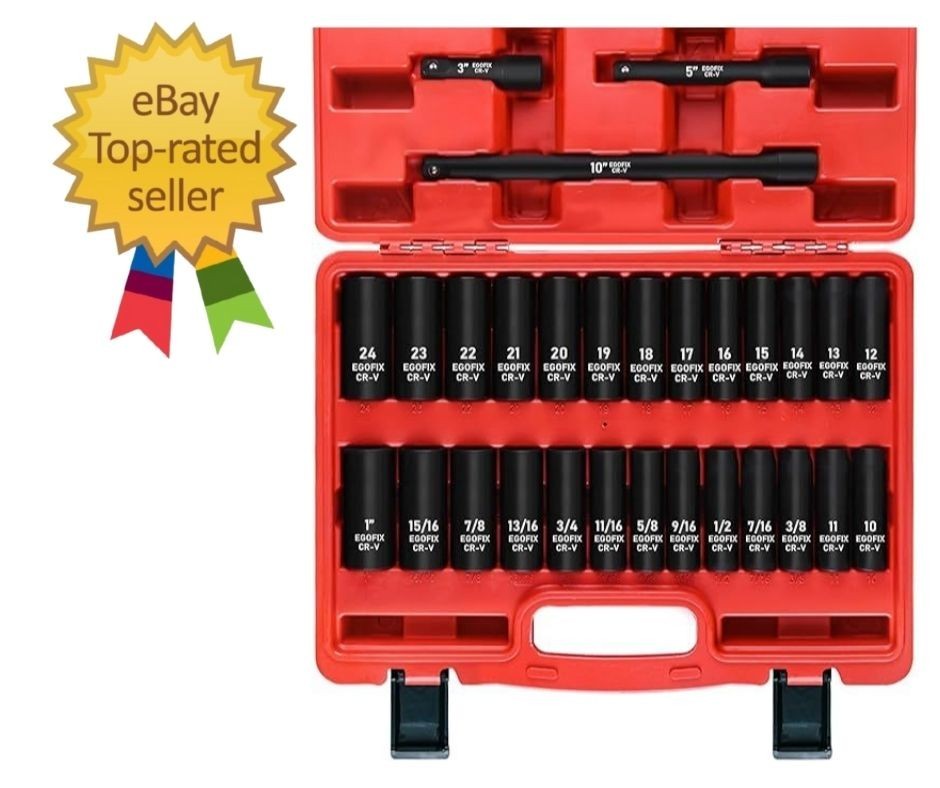 29 Pieces 1/2" Socket Set, Drive Deep Impact Socket Set with 3", 5", 10" Extensi