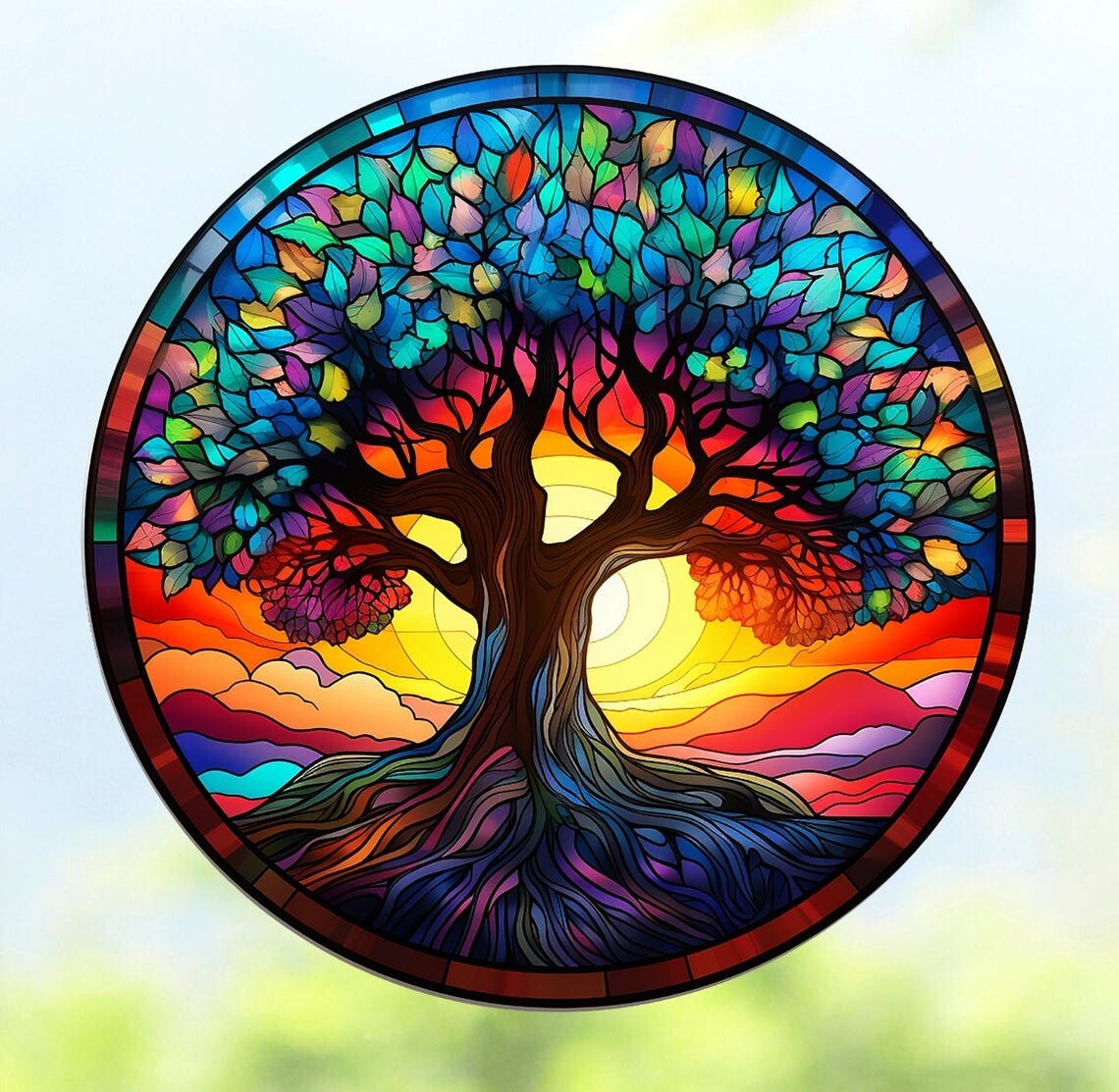 Tree of Life Round Faux Stained-Glass WINDOW CLING Size 8" Round Vinyl