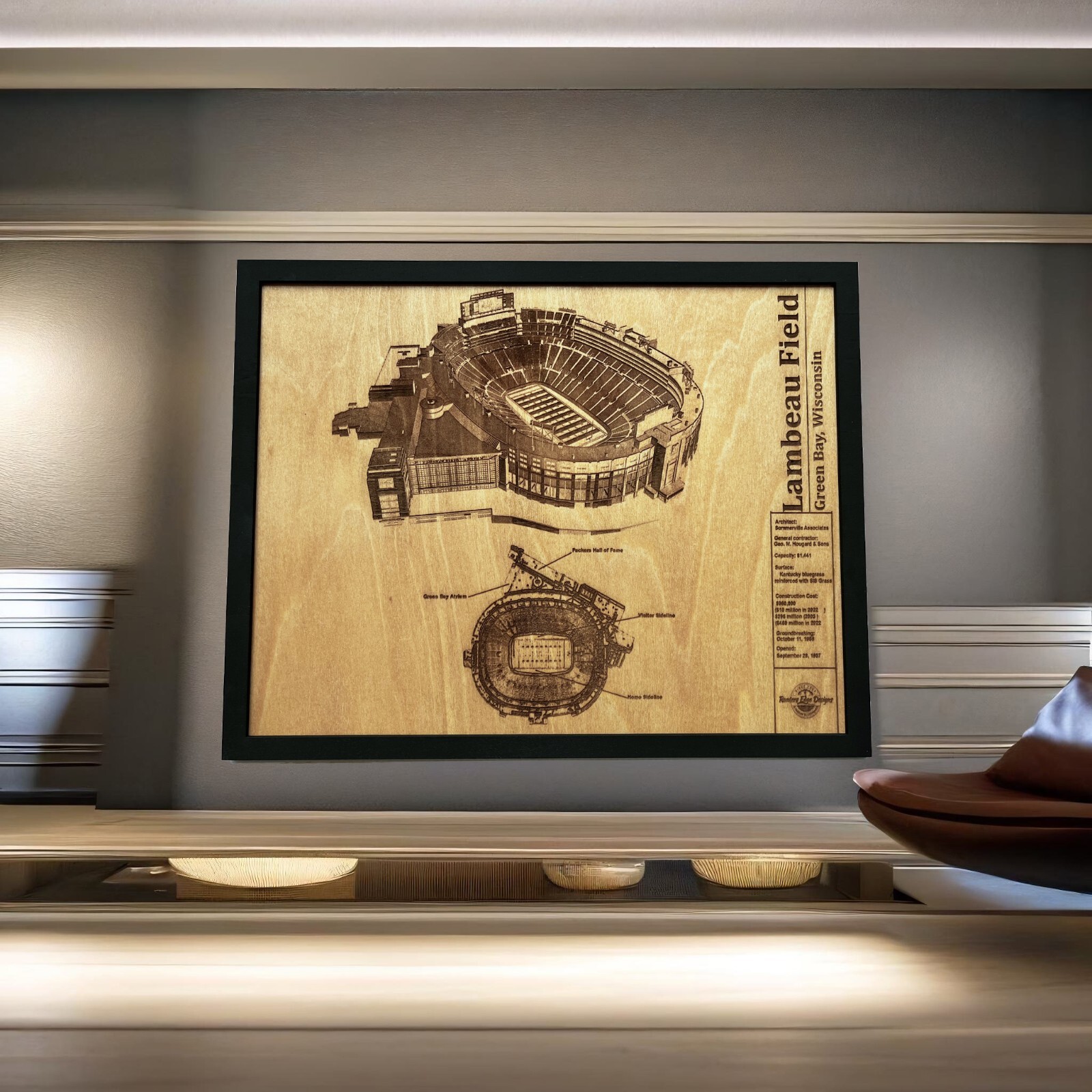 Lambeau Field Green Bay, Wisconsin Wood Engraved Blueprint