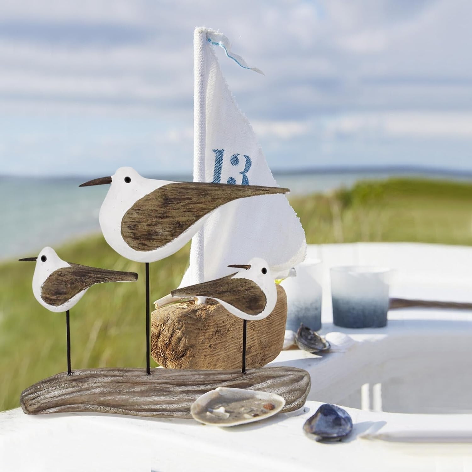 Wooden Sea Bird Statue Seagull On Stand Decor Nautical Coastal Birds Sculpture