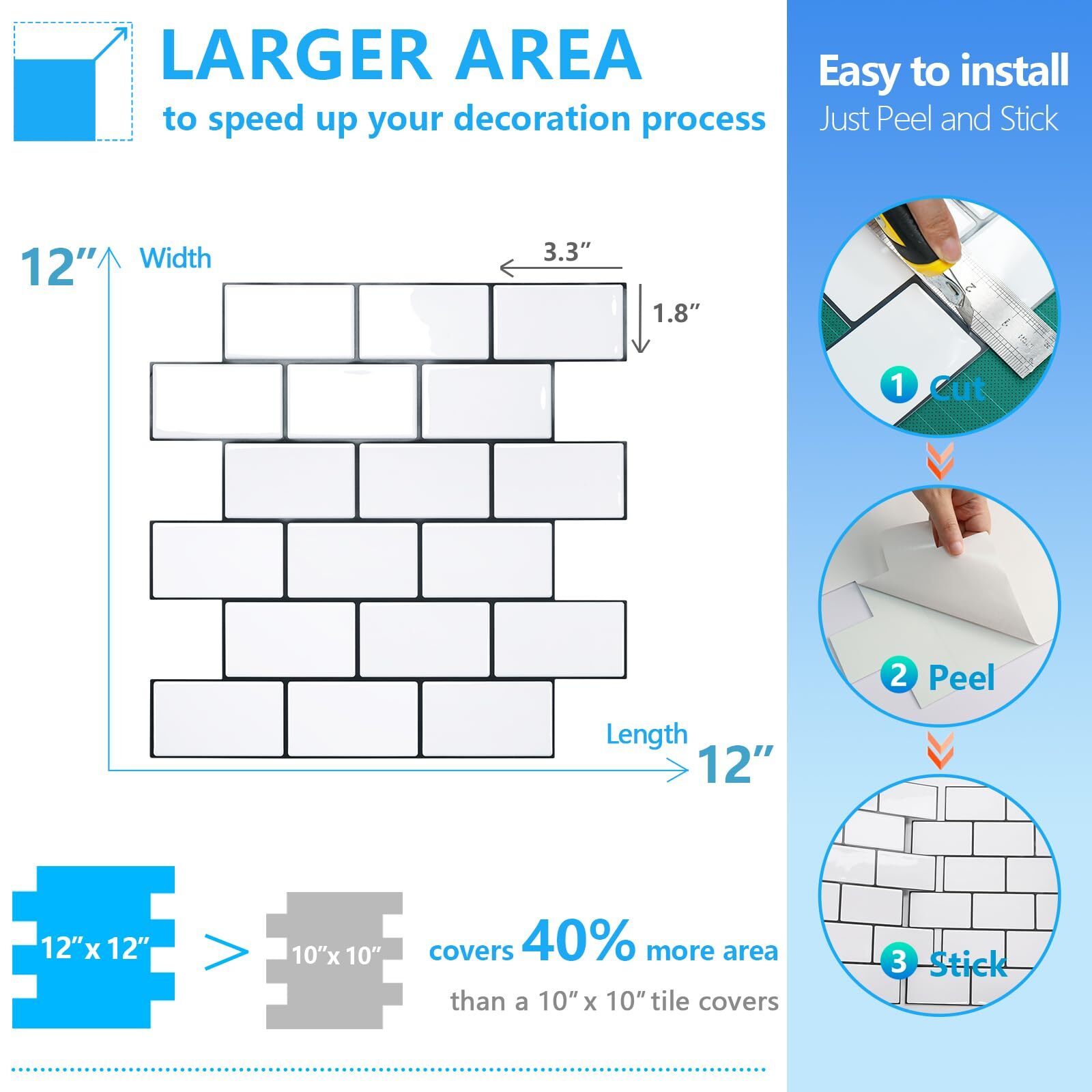 STICKGOO 10-Sheet Peel and Stick Backsplash White Subway Tile Stick on Backsp…