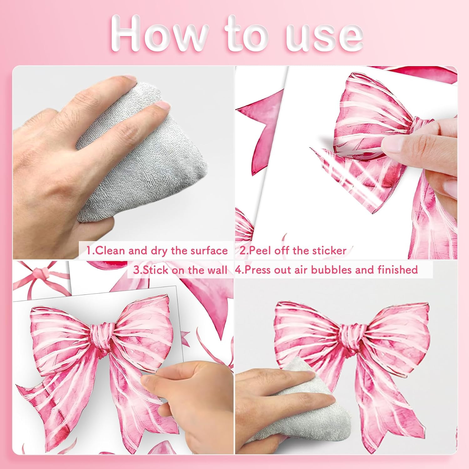 Pink Bow Wall Stickers, 8 Sheets 46 Pcs | Bow Knot Wall Decals Watercolor Bow Wa