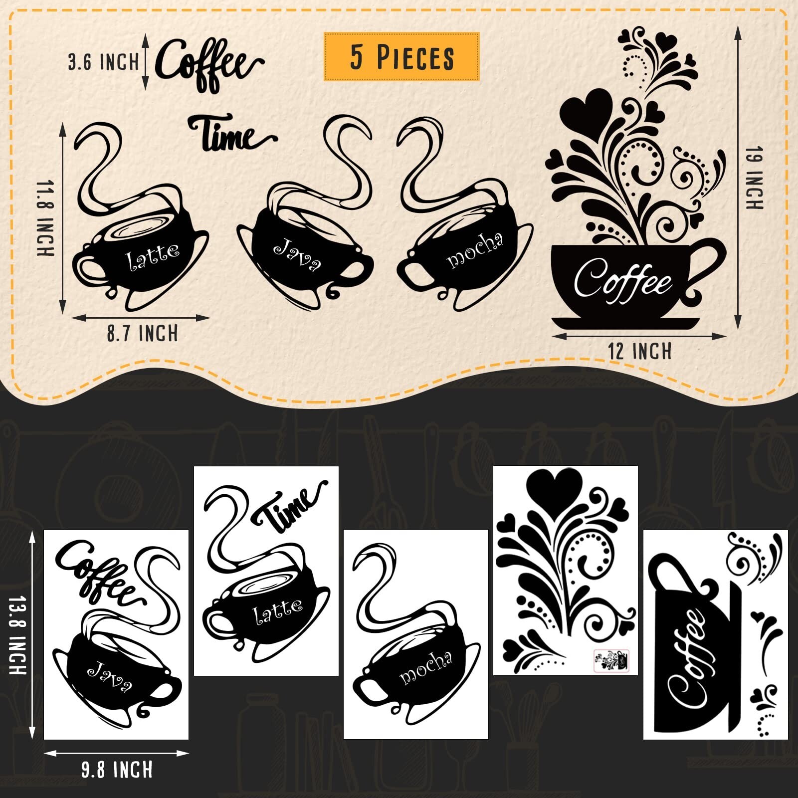 Chinco 5 Pieces Coffee Wall Decals Coffee Bar Decal Stickers for Kitchen Wall…
