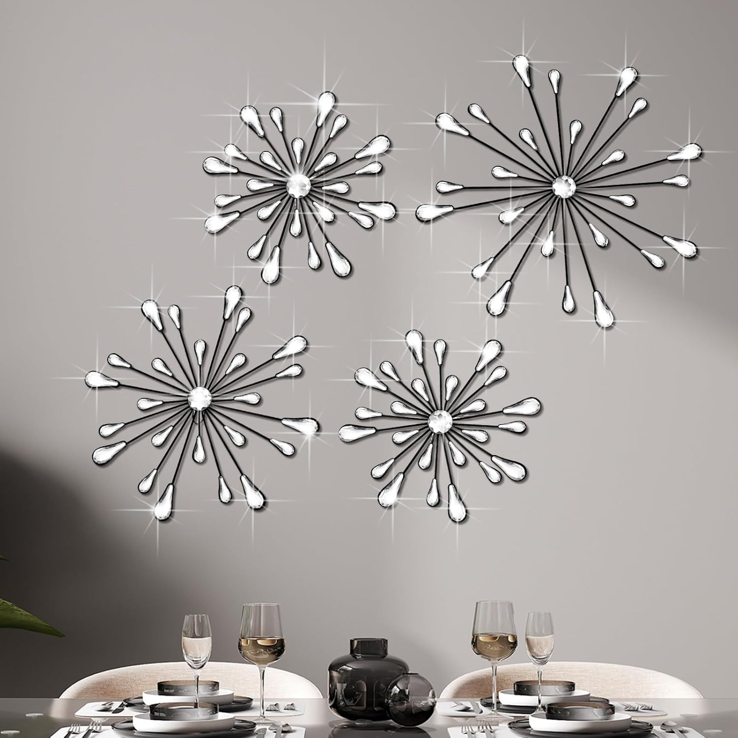4 Pcs Starburst Wall Decor Bling Wall Art Crystal Teardrop 3D Hanging Rhinestone