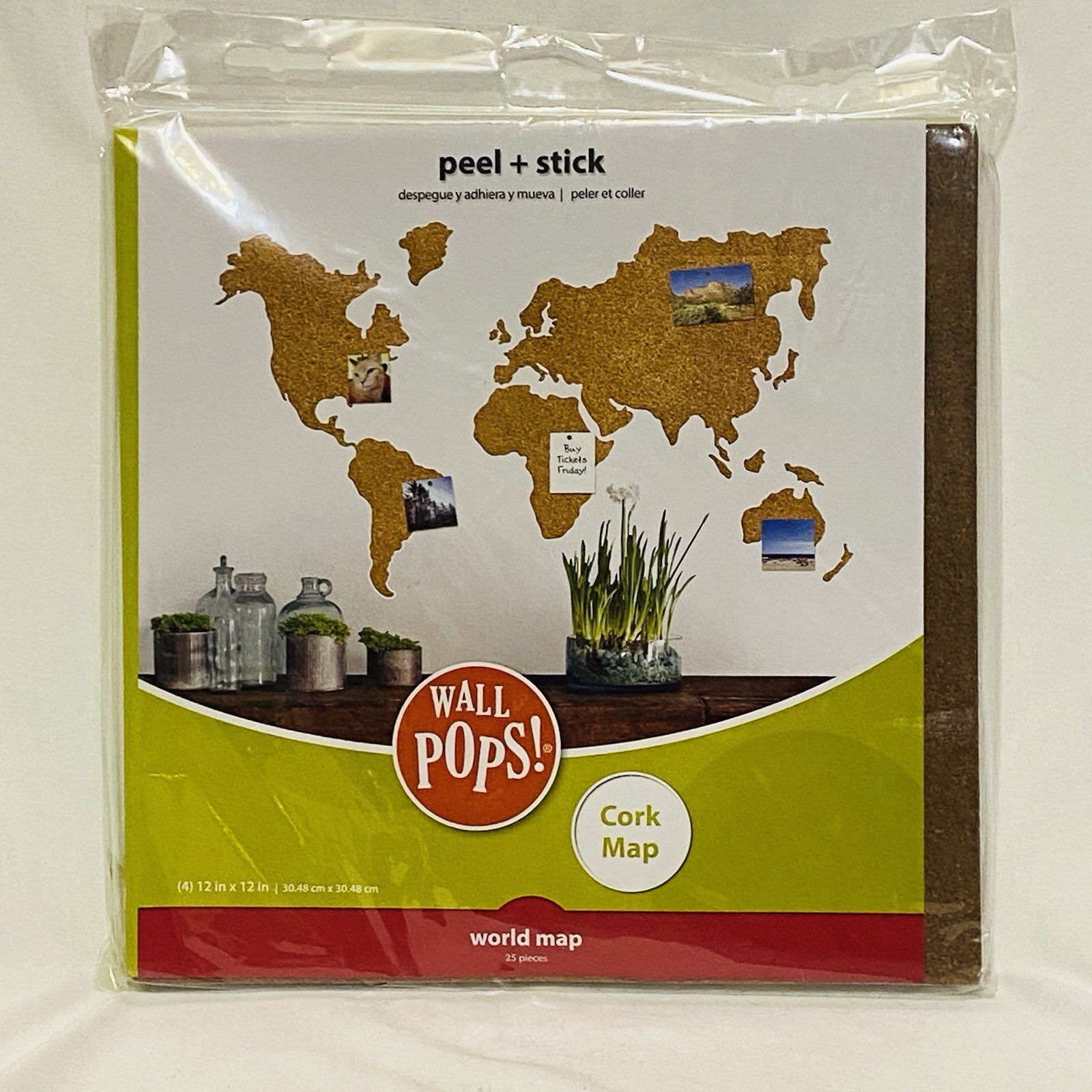 Wall Pops! Cork World Map Pinboard Peel & Stick Push Pin Class Room Office Dorm