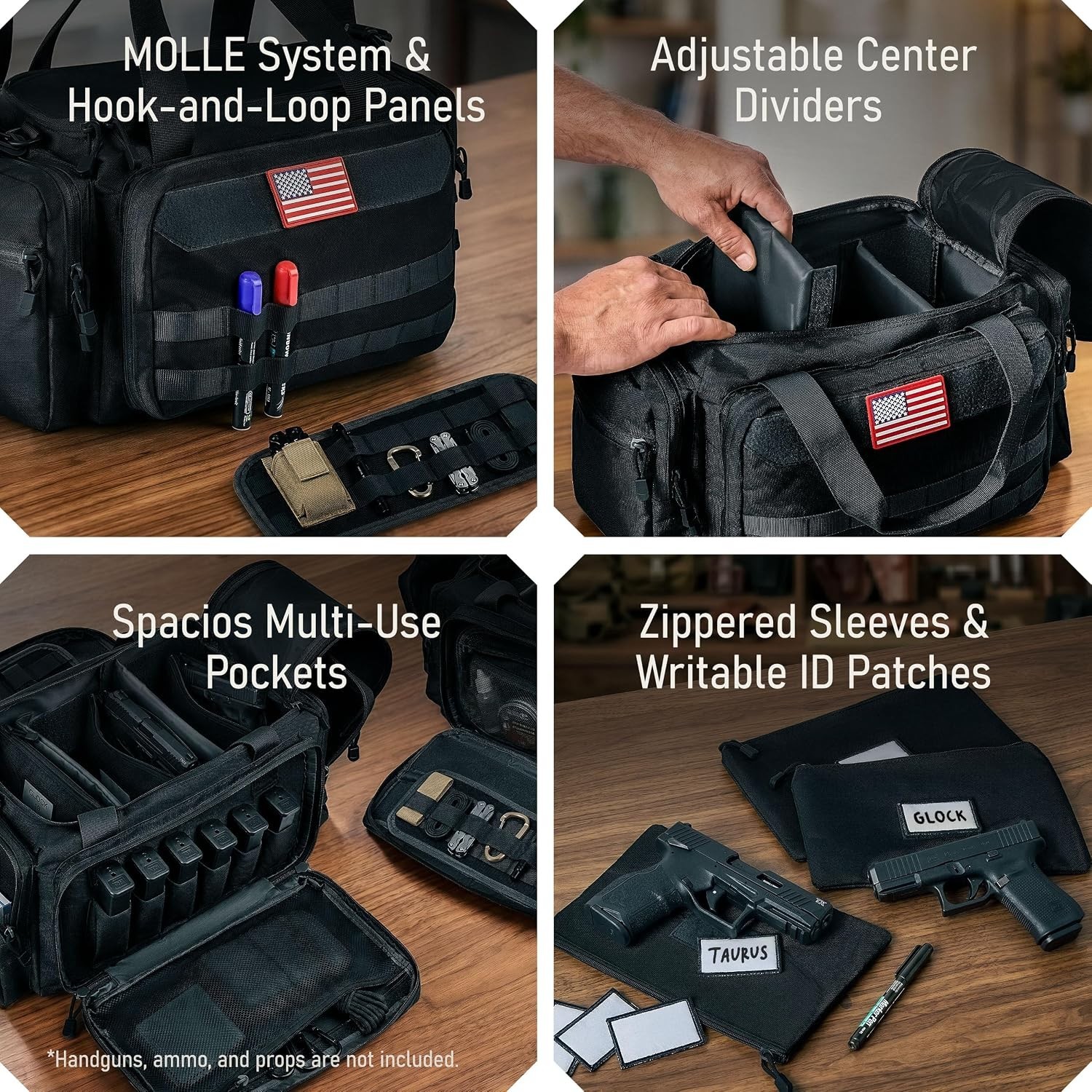 Gun Range Bag with 3 Pistol Cases, Removable MOLLE Organizer, Total 50 Storage U