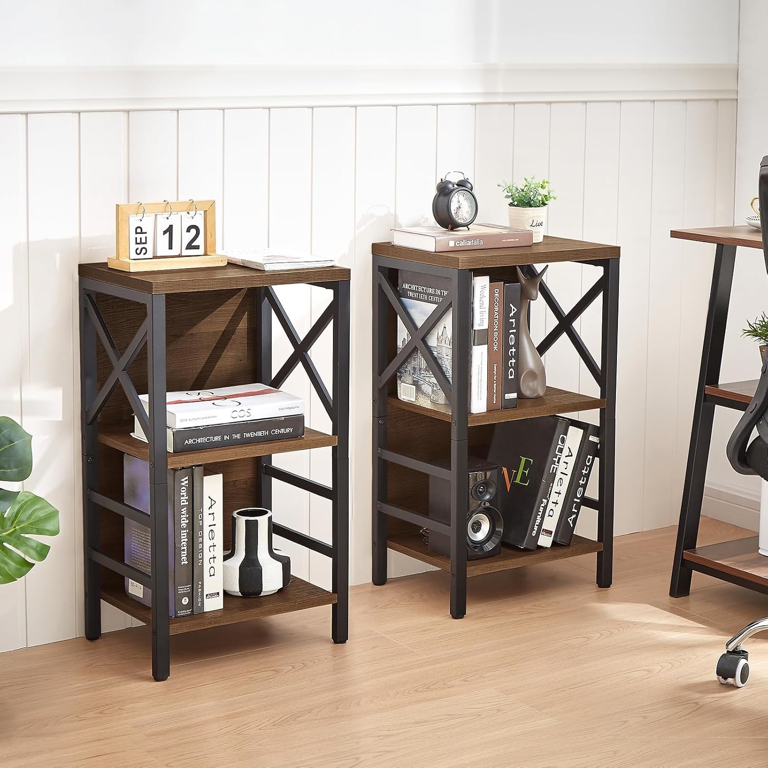 Small Bookshelf 3 Tier Industrial Bookcase Rustic Brown Metal Frame Home Storage