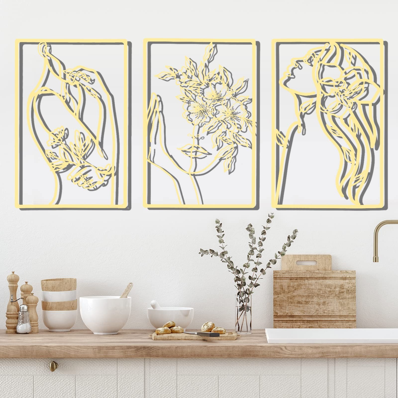 CHENGU 3 Pieces Gold Wall Decor Minimalist Wall Art Metal Line Wall Art Wall …