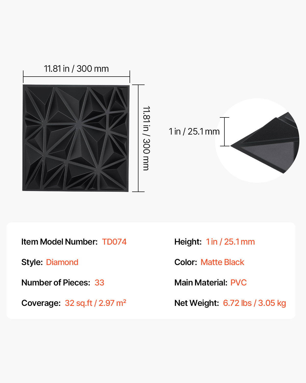 3D Wall Panels 33-Pack 11.81 x 11.81" PVC 32 Sq.Ft Coverage Diamond Matte Black