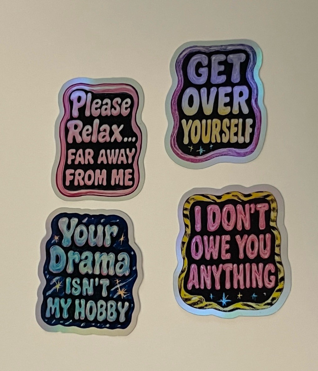 90s Neon Reality Check Holographic Waterproof Vinyl 4 Stickers Set
