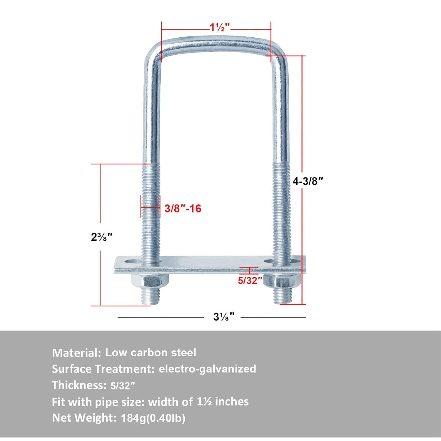 Pcs 1-1/2" Inch Wide Square U-Bolt for Trailer, 3/8" x 1-1/2" x 4-3/8", Elect…