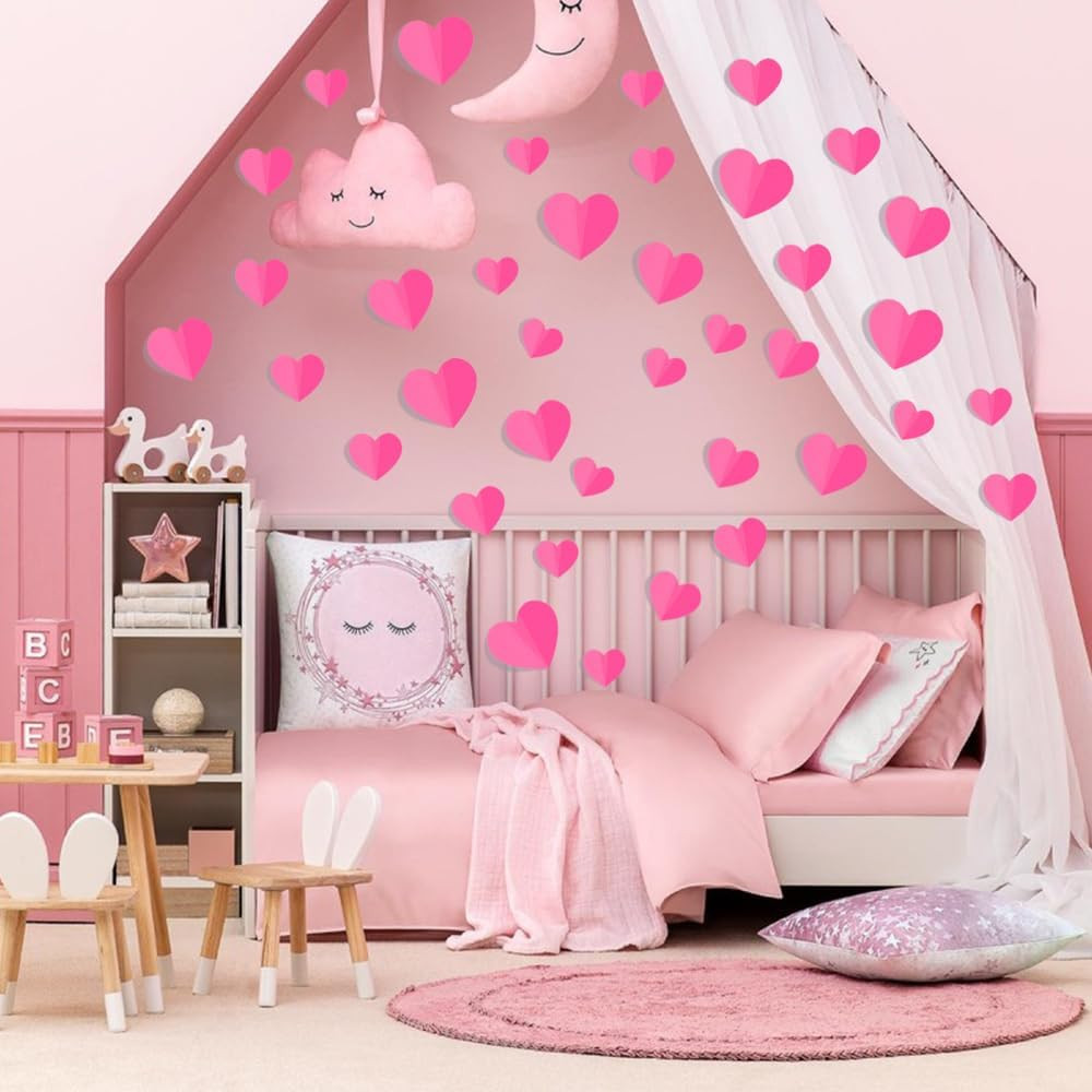 100 PCS 3D Pink Heart Valentine Day Wall Stickers,Waterproof Removable Love Hear