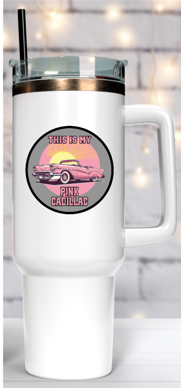 Car Classics "Pink Cadillac " – 4" Handcrafted Vinyl Decal Vehicle Cooler Laptop