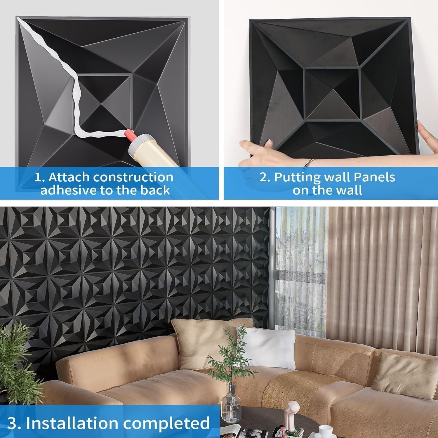 Paintable Black PVC 3D Wall Panels 33 Pack 11.8"x11.8" for Creative Interiors