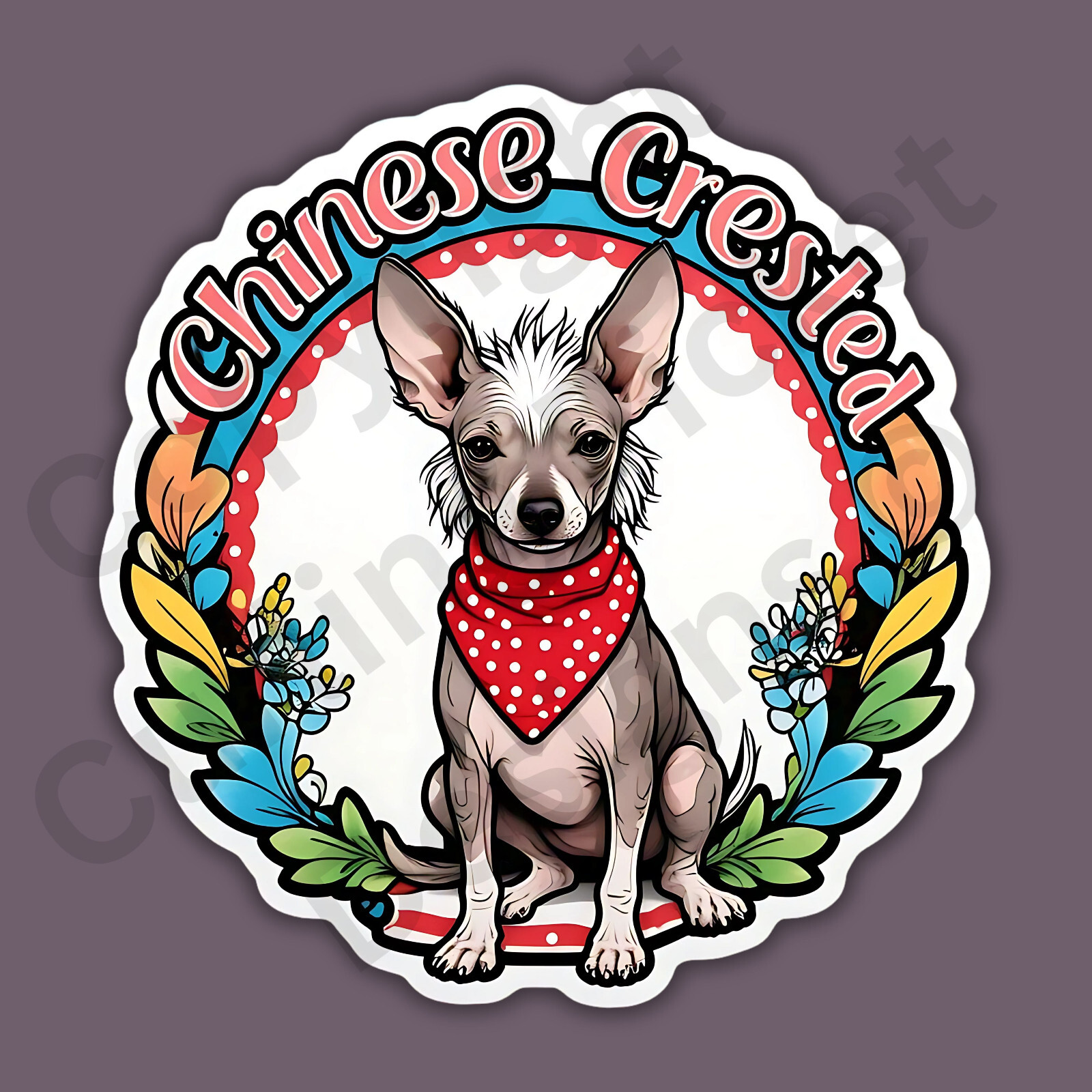 Chinese Crested Dog With Bandana Dog Breed Cute 3" Vinyl Sticker