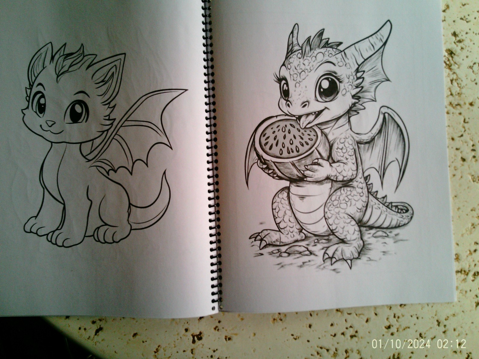 Whimsical Kawaii Dragon Reading Book Fun, Creative & Relaxing Art Pages