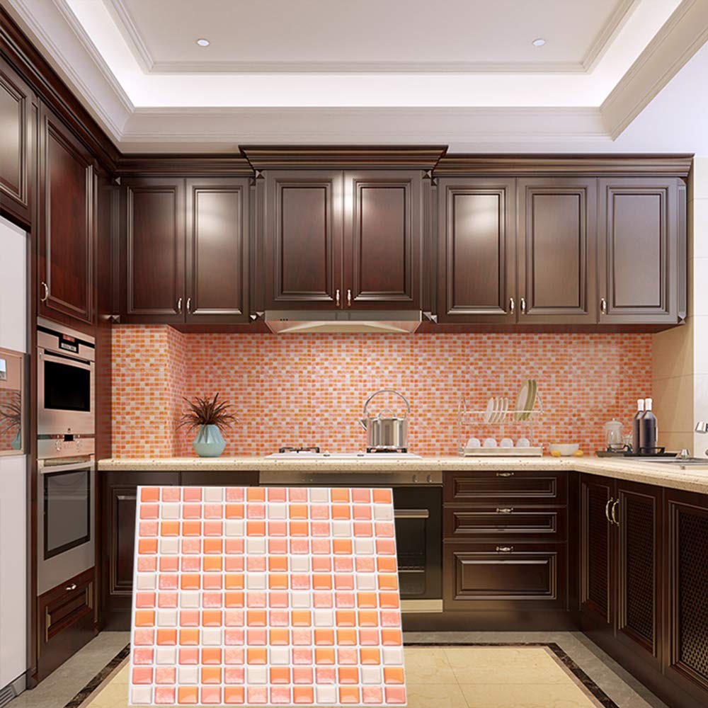 3D Mosaic Tile Sticker Removable Wallpaper Tile Orange, 3D Adhesive Wall Tile…
