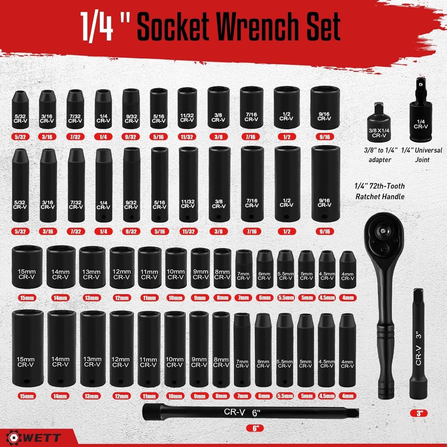 1/4" Drive Impact Socket Set, 55 Piece, Sae/Metric, Deep/Shallow, Cr-V Steel, 6