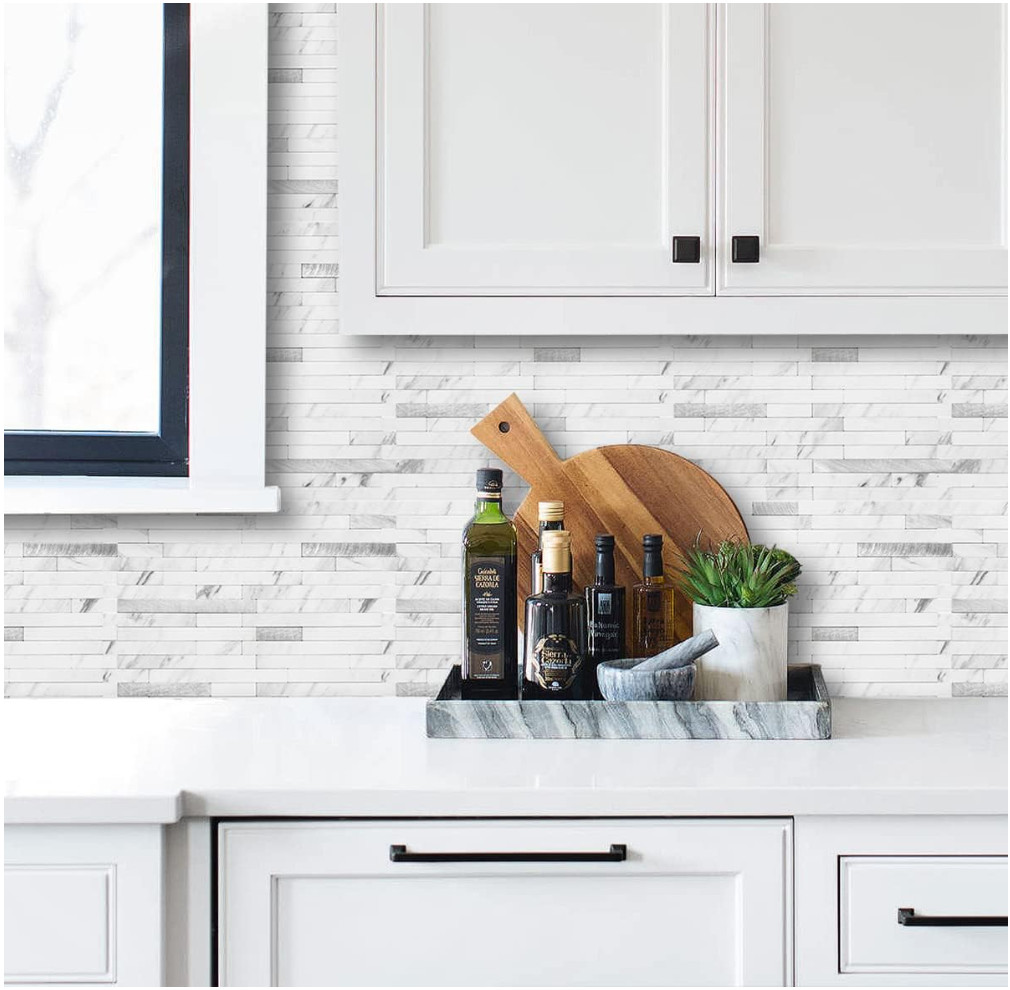 AULIGET 20 Sheets Faux Stone Peel and Stick Backsplash, White Marble Look PVC