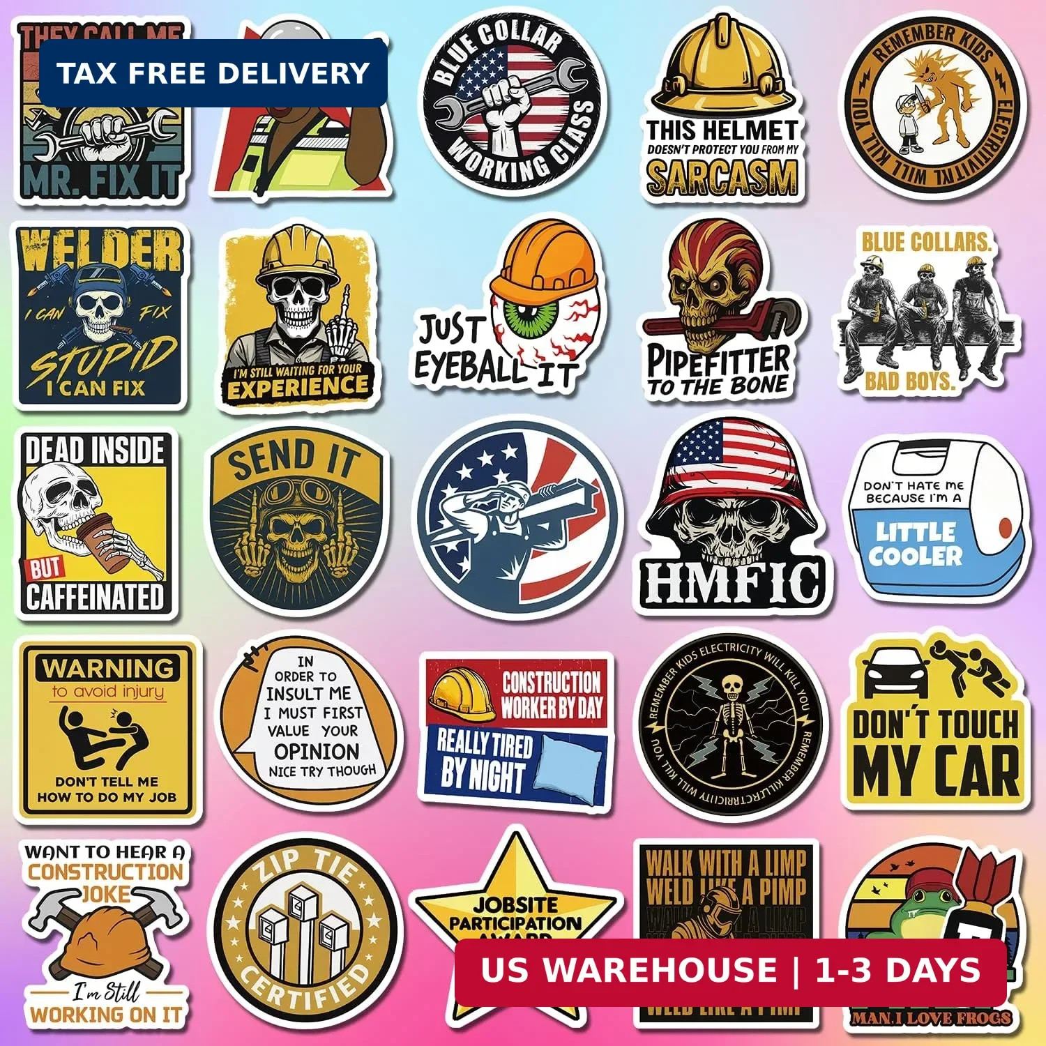 200 PCS Holographic Hard Hat Stickers for Adults – Funny Waterproof Vinyl Decals
