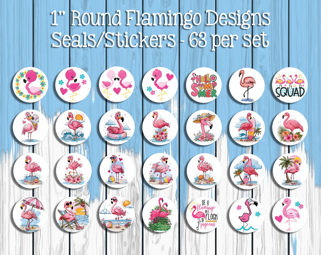 1" Round Flamingo Design Stickers / Seals, 63 Flamingo Stickers