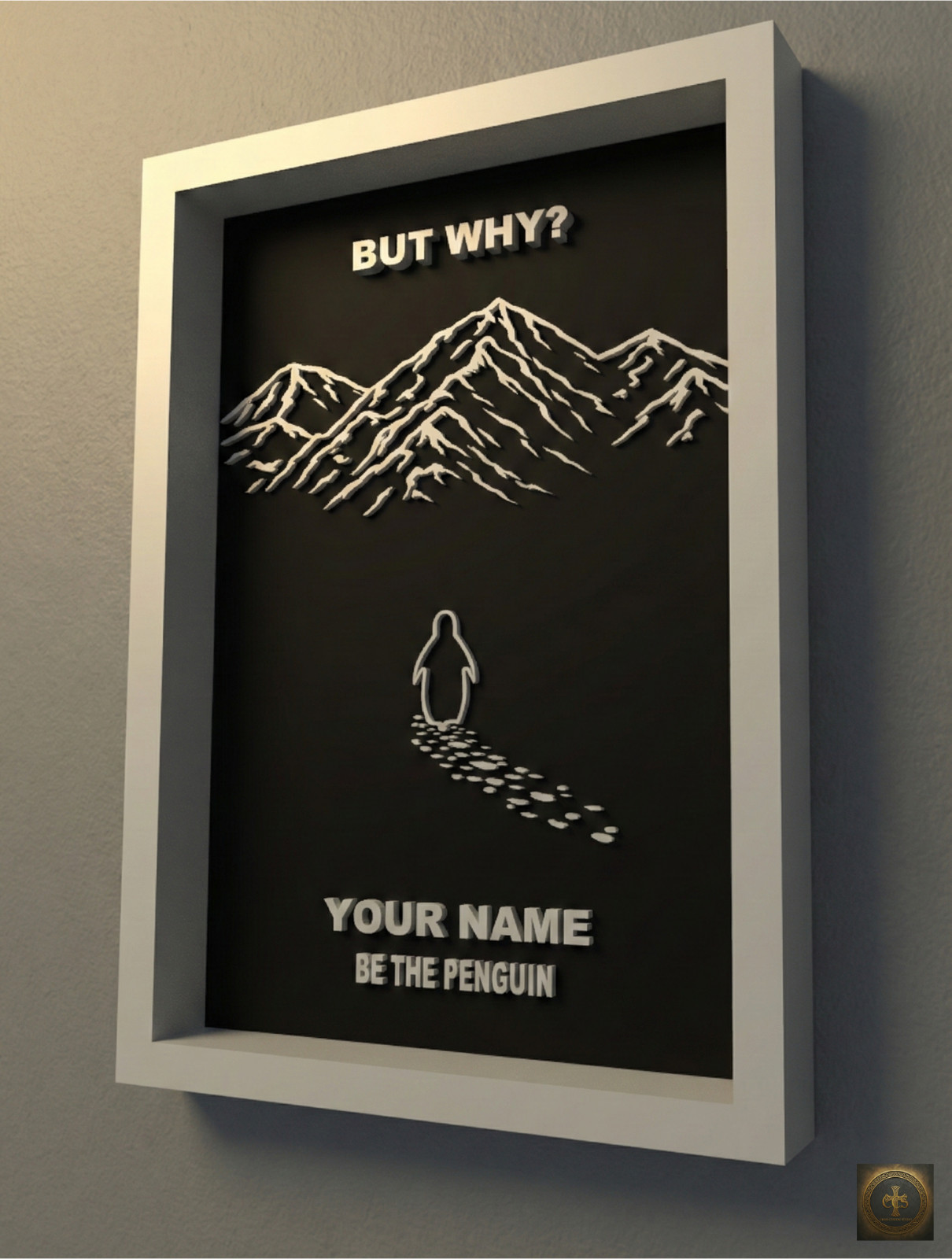 Custom "But Why" Penguin Frame | Viral Penguin Walking Into Mountains Art