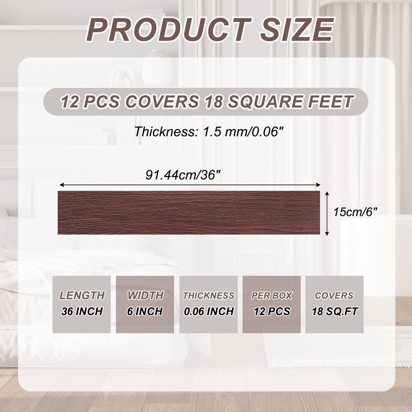 12pcs Peel and Stick Floor Tile 36 x 6" PVC Wood Plank Flooring,Red