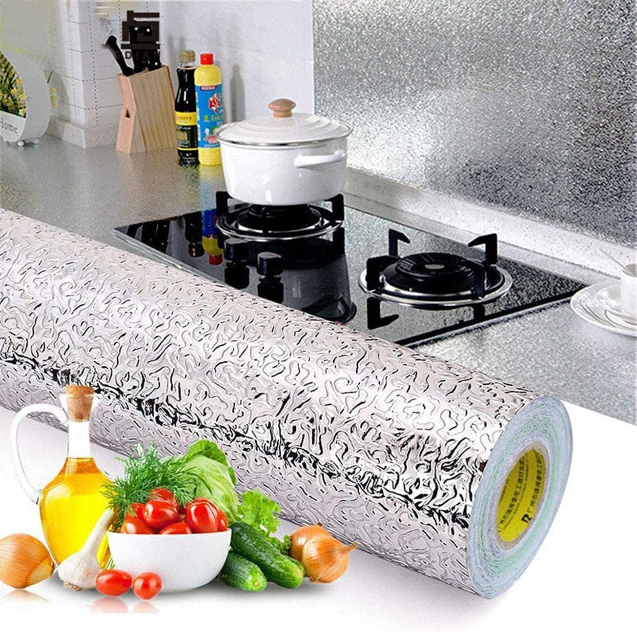 Kitchen Wallpaper Oil Proof Sticker Backsplash Aluminum Foil Self-Adhesive Paper