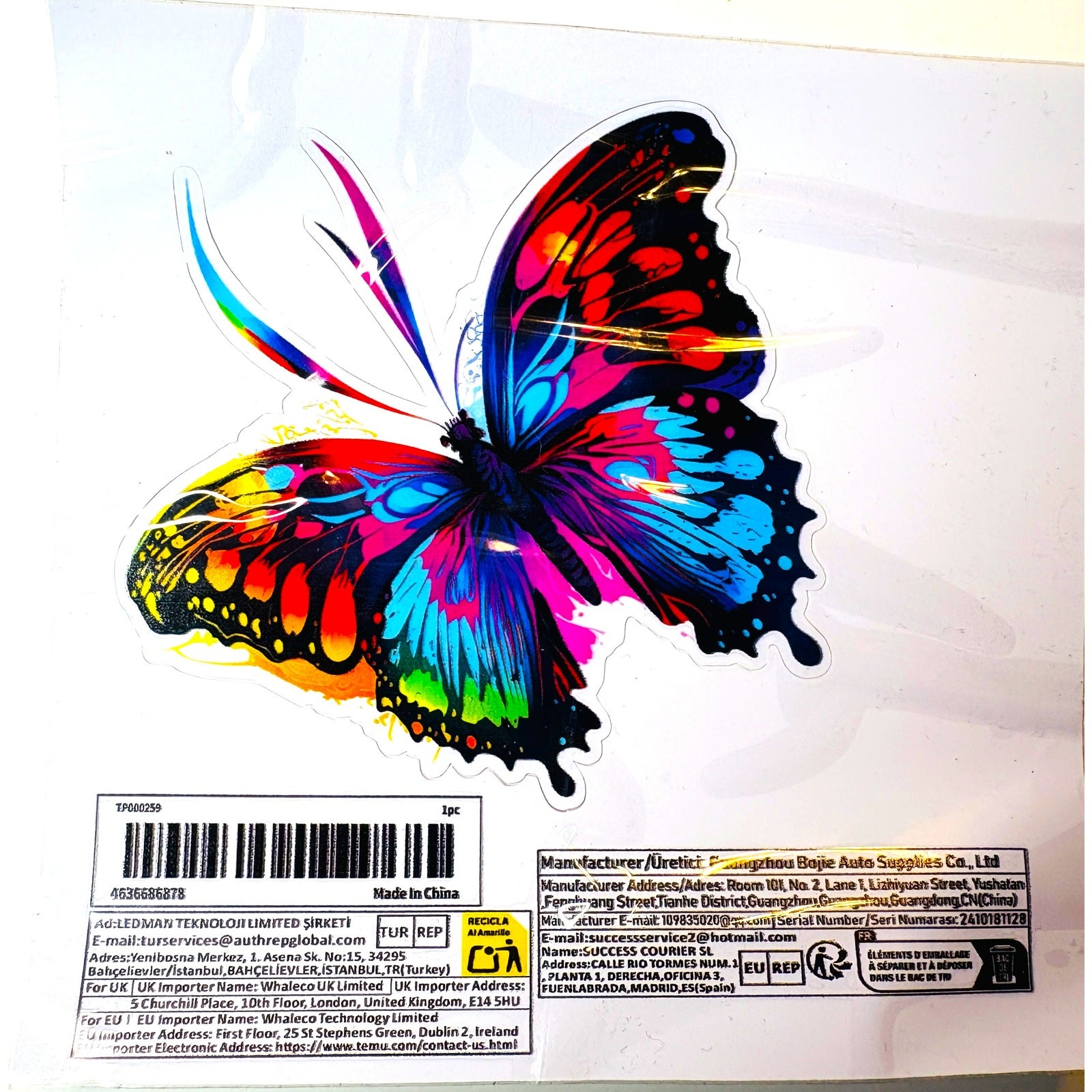 Colorful Neon Butterfly Car Sticker – Vinyl Automotive Decal 4 1/2" x 4 1/2" -vn