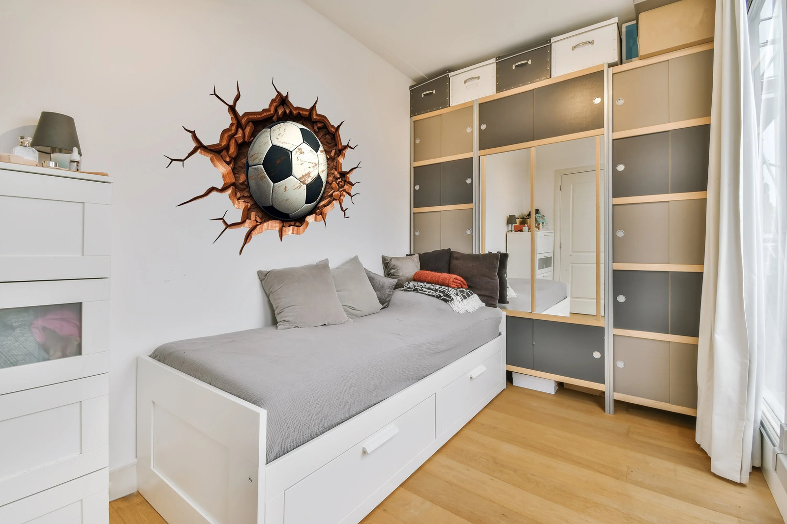 3D Football Wall Decal – Boys Room Breakthrough Sticker – Sporty Soccer Art –