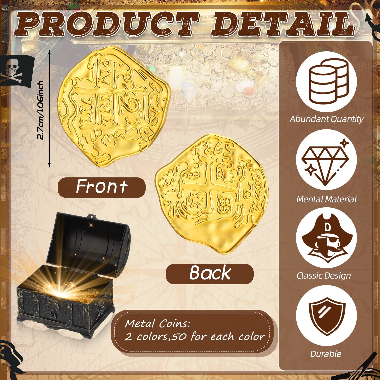 Hanaive 100 Pcs Metal Pirate Coins Treasure Chest Spanish Medium, Gold