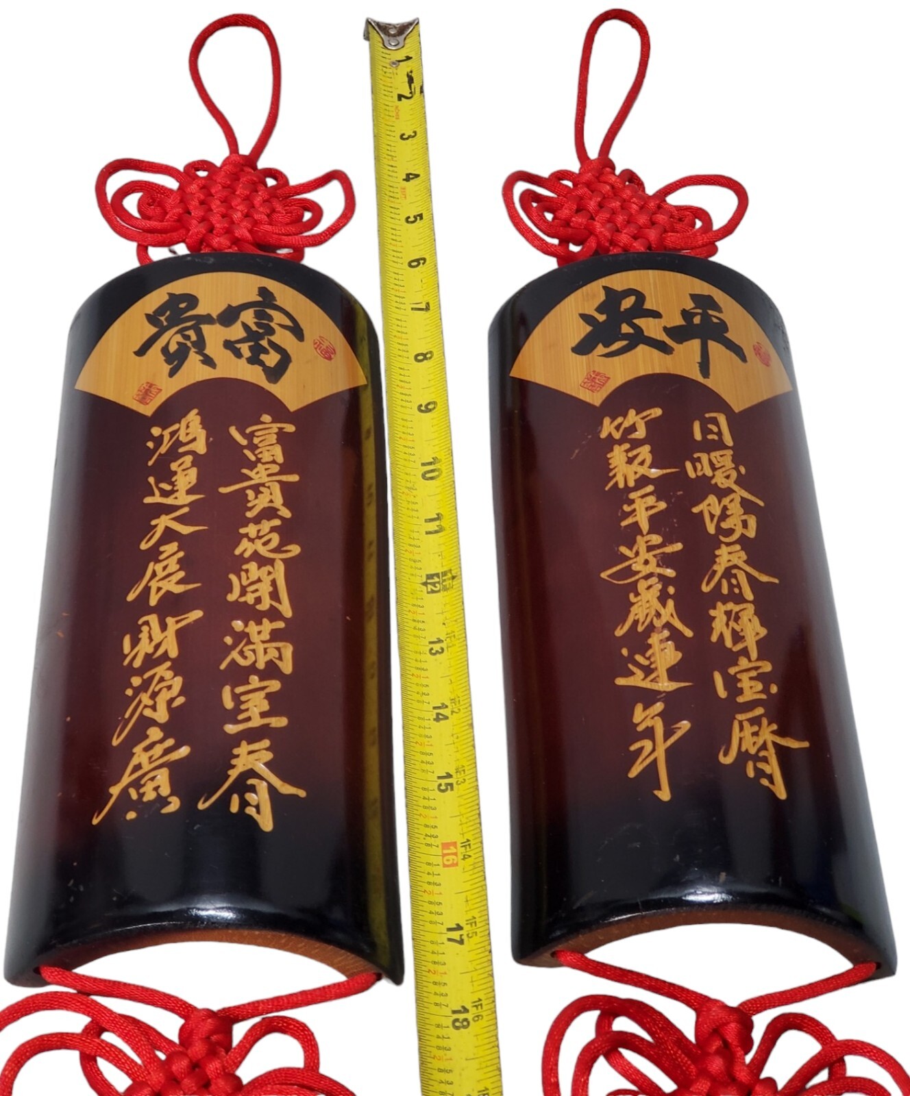 Pair Of Wood Plaque Chinese Writing Knot Tassels Feng Shui Home Wall Decor Art