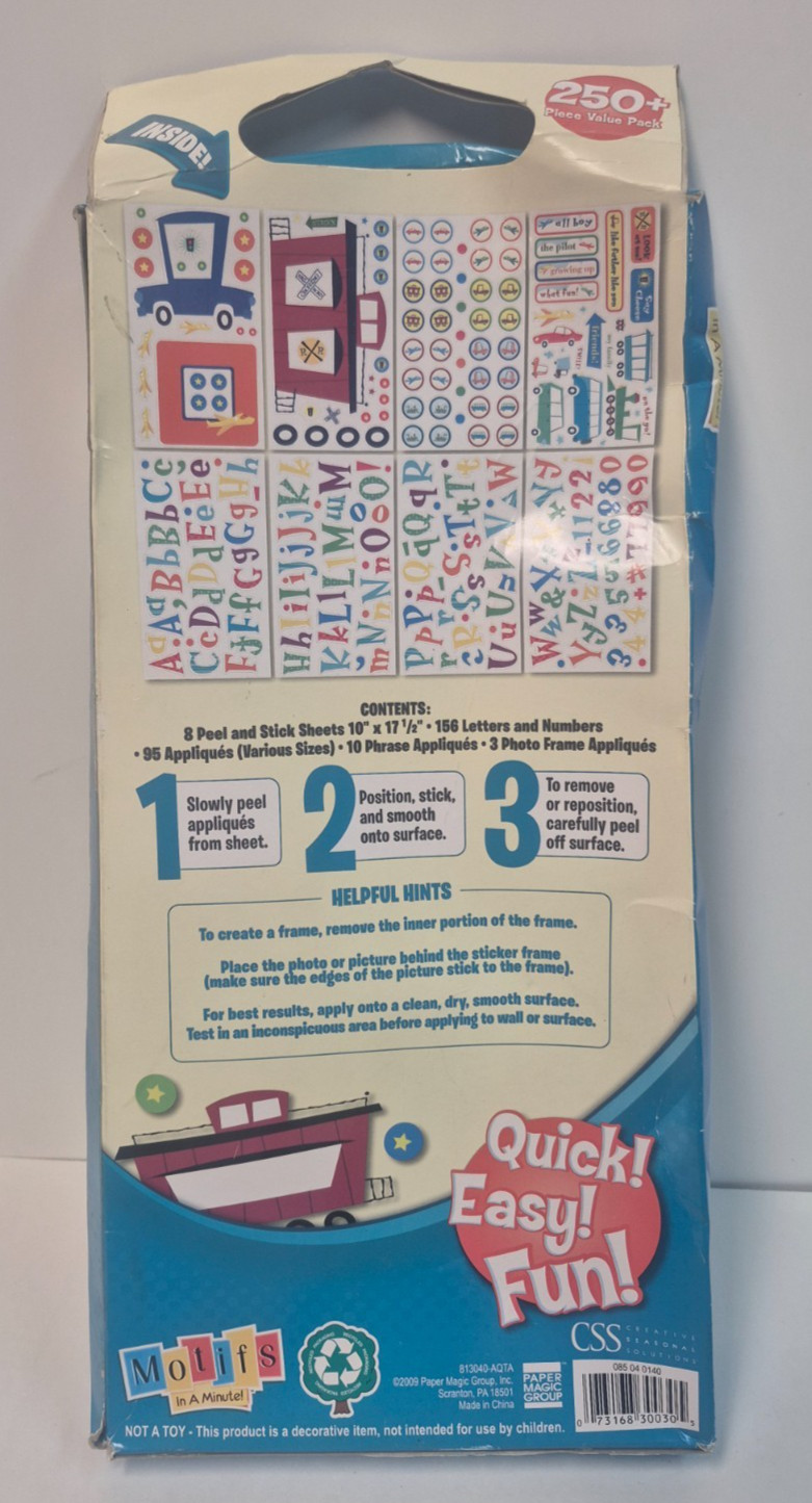 MOTIFS IN A MINUTE PLANES, TRAINS & AUTOMOBILES 250 PC VALUE PACK WALL DECOR NIB